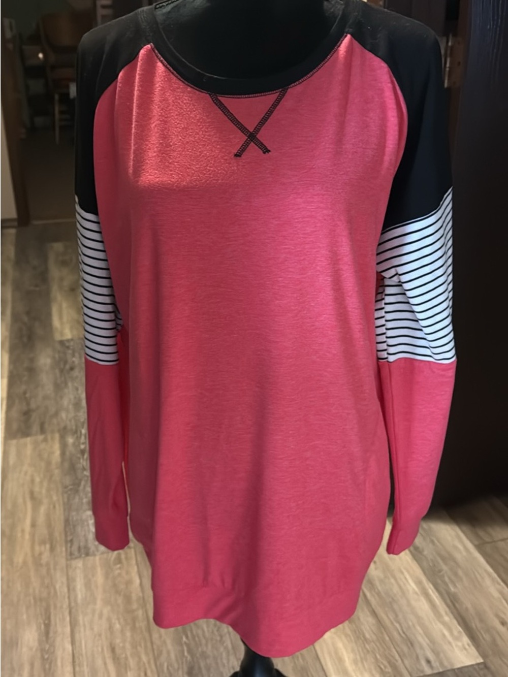 Women's Pink Raglan Long Sleeve Top with Striped Sleeve Detail